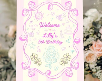 Mermaid Birthday Welcome Sign, Doodle Mermaid Poster, Pink Mermaid Under the Sea, Mermaid Theme Birthday, Digital Editable Canva Template