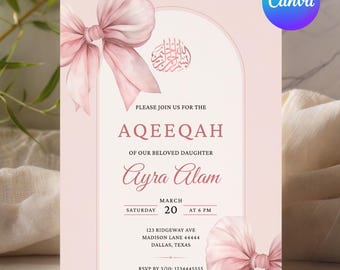 Aqeeqah Invitation Video Muslim Baby Shower Invitation | Baby Girl Aqiqah | Digital Pink Aqiqah Invitation Editable Canva Template (5x7" in)