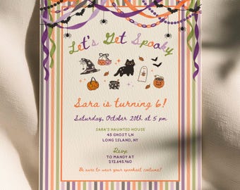 Halloween Birthday Invitation Digital, Whimsical Girl Party Invite, Cool Colorful Spooky Kids Birthday, Editable Canva Template