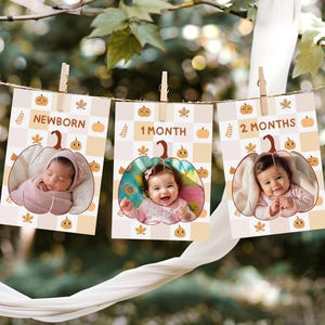 May include: Three rectangular milestone cards hanging from a string with wooden clips. Each card features a beige and white checkered background with orange pumpkin and leaf icons. The cards are labelled NEWBORN, 1 MONTH, and 2 MONTHS.