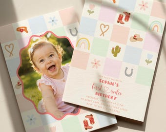 My First Rodeo Birthday Invitation Digital, Western Theme Girl Cowgirl 1st Birthday with Photo, Editable Canva Template (5x7")