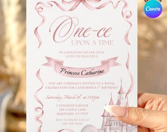 Princess Fairytale Castle Birthday Invitation: One-ce Upon a Time 1st Birthday (Editable Canva Template, Digital Download)