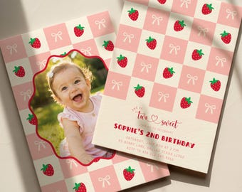 Two Sweet Second Birthday Invite Digital, 2nd Birthday Girl Strawberry Bows Birthday Invitation with Photo, Editable Canva Template (5x7")