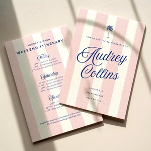 May include: Two rectangular paper cards featuring a vertical light pink and white striped pattern. One card displays the text Audrey Collins, Join us for the bachelorette of, August 6-8, Palm Springs, RSVP by 7.10, and a blue palm tree icon.
