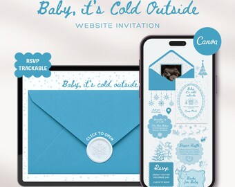 Blue Boy Winter Baby Shower Website Template with RSVP Tracking: Winter Wonderland Editable Interactive Animated Digital Canva Invitation