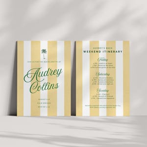 May include: Two-sided invitation with a yellow and white striped background. The left side reads "Join us for the Bachelorette of Audrey Collins" with event details. The right side lists the weekend itinerary.