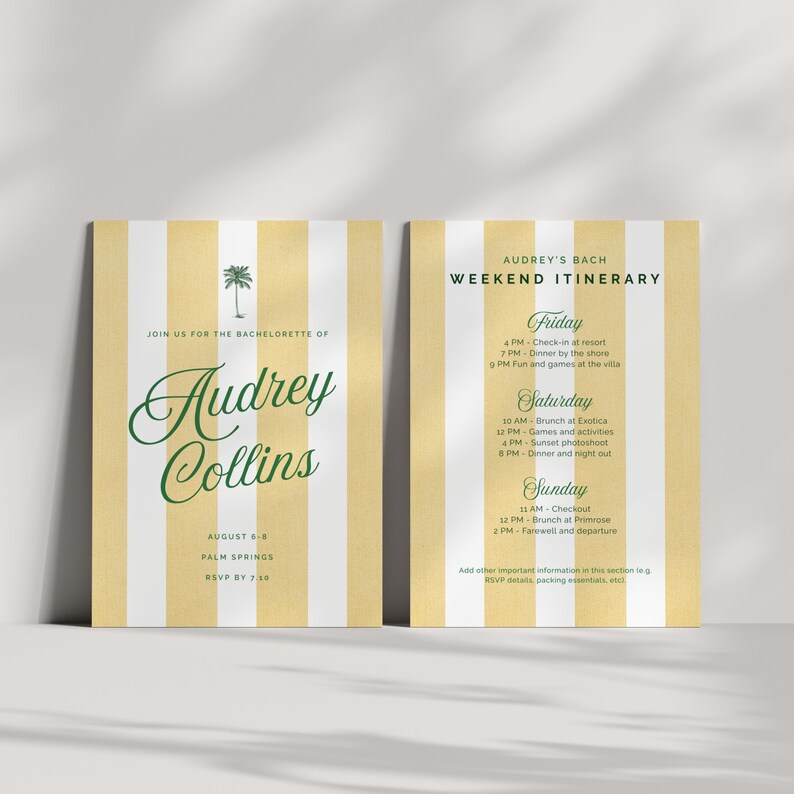 May include: Two-sided invitation with a yellow and white striped background. The left side reads "Join us for the Bachelorette of Audrey Collins" with event details. The right side lists the weekend itinerary.