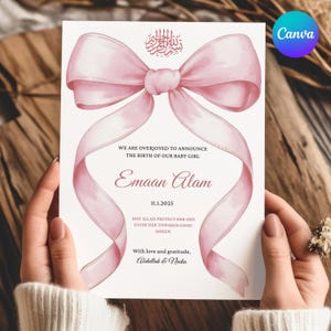 Muslim Baby Girl Announcement Digital Video | Pink Bow Card | Editable Canva Template | Islamic Newborn Card (Digital Download, 5x7&quot;)