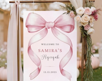Aqeeqah Welcome Sign Muslim Girl Baby Shower | Baby Girl Aqiqah | Digital Pink Aqiqah Sign | Editable Canva Template (18x24" in)