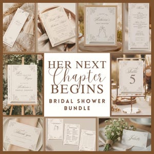 May include: A collection of bridal shower stationery in a neutral color palette. Includes invitations, signage, table cards, and thank you notes. The text "Her Next Chapter Begins" is prominently displayed.