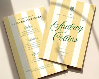 Beach Bachelorette Weekend Invitation & Itinerary, Yellow Green Bach Invite, Seaside Girls Trip, Preppy Striped Bach Suite, Digital Download