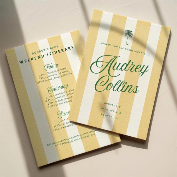 Beach Bachelorette Weekend Invitation and Itinerary | Yellow Green Bach Invitation | Seaside Girls Trip | Preppy Striped Bach Suite Bundle