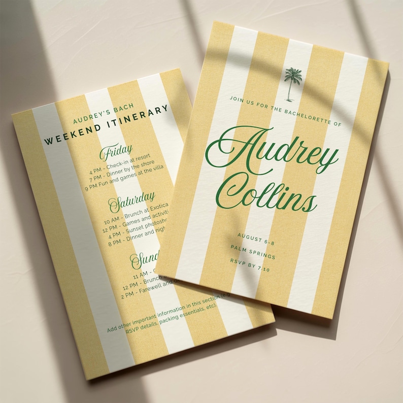 May include: Two yellow and white striped bachelorette party invitations. The invitations include the text "Audrey's Bach Weekend Itinerary" and "Join us for the Bachelorette of Audrey Collins". The itinerary lists activities for Friday, Saturday, and Sunday.
