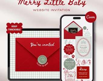 Christmas Baby Shower Website Template with RSVP Tracking: Merry Little Baby Winter Editable Interactive Animated Invitation Canva Digital