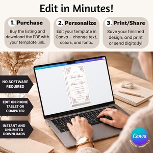 May include: A laptop displaying a bridal shower invitation template. The image includes text that says "Edit in Minutes!" and instructions for purchasing, personalizing, and printing the template. The Canva logo is visible in the bottom right corner.
