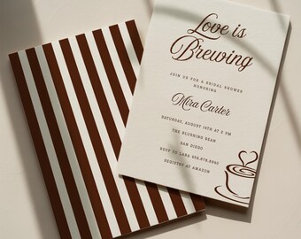 Love is Brewing Bridal Shower Invitation, Coffee Steam Cafe Theme, Neutral Beige Striped Bridal Shower, Editable Canva Template (Digital)