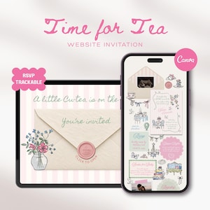 May include: A digital website invitation template titled Time for Tea displayed on a tablet and smartphone. The design features a pink striped background, a cream envelope with a wax seal, and illustrations of flowers, tea sets, and baby items.