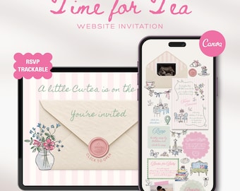 Time for Tea Baby Shower Website Invitation Template with RSVP Tracking: Whimsical Tea Party Editable Interactive Animated Canva Digital