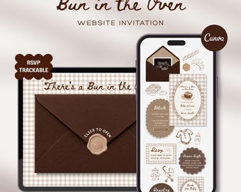 Bun in the Oven Baby Shower Website Template RSVP and Countdown: Cinnamon Rolls, Bread, Gingham Editable Animated Interactive Canva Template