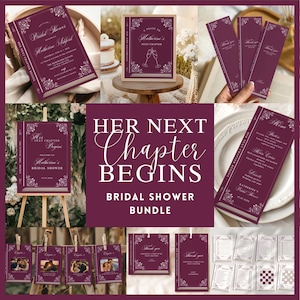 May include: A bridal shower bundle with a burgundy theme. The set includes invitations, a welcome sign, menu cards, thank you cards, and photo cards. The text "Her Next Chapter Begins" is prominently displayed.