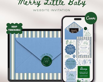 Blue Christmas Baby Shower Website Template with RSVP Tracking: Merry Little Winter Editable Interactive Animated Invitation Canva Digital