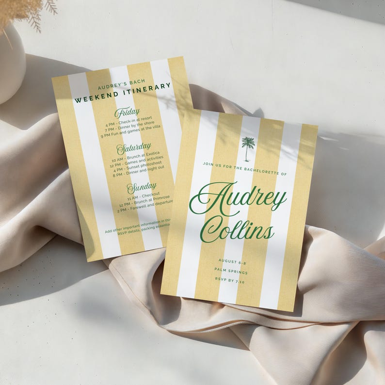 May include: Two yellow and white striped bachelorette party invitations. One card lists the weekend itinerary, including check-in, dinner, games, and brunch. The other card says "Join us for the bachelorette of Audrey Collins."