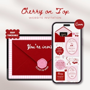 Könnte beinhalten: Eine digitale Website-Einladungsvorlage mit dem Titel Cherry on Top, bestehend aus einem roten Umschlag mit rosa Wachssiegel auf einem Tablet und einem Smartphone-Bildschirm mit Babyparty-Details, Kirschmotiven und rosa Vichy-Muster.