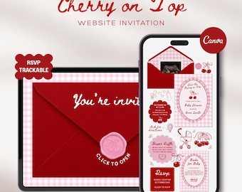 Cherry on Top Baby Shower Website Template with RSVP: Pink Red Cherries Bows Gingham Editable Interactive Animated Invitation Canva Digital