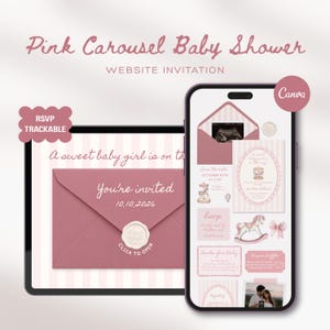 Może przedstawiać: Cyfrowe zaproszenie na baby shower z motywem różowej karuzeli, wyświetlone na tablecie i smartfonie. Projekt zawiera kopertę w kolorze przybrudzonego różu z woskową pieczęcią, grafikę konika na biegunach oraz tekst 'You're invited' i 'RSVP'.