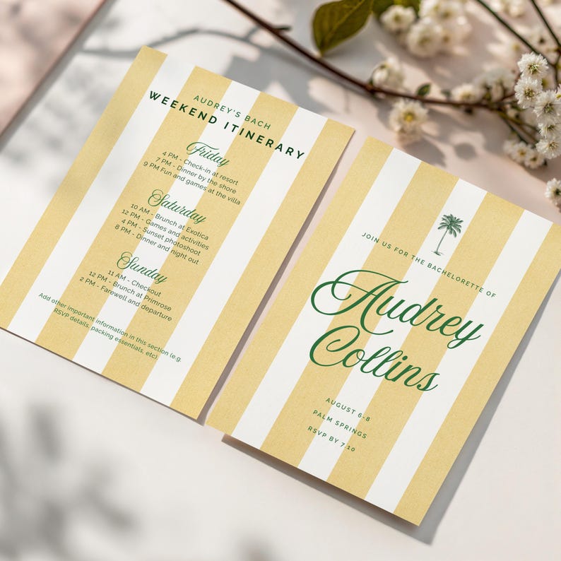 May include: Two-sided invitation with a yellow and white striped design. The text reads "Audrey's Bach Weekend Itinerary" and includes a schedule of events. The other side says "Join us for the Bachelorette of Audrey Collins."