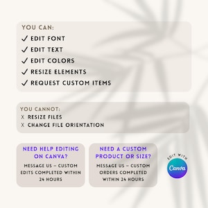 May include: A digital graphic with text listing editing options: edit font, text, colors, resize elements, and request custom items. It also lists what you cannot do: resize files and change file orientation. Includes a Canva logo and contact information.