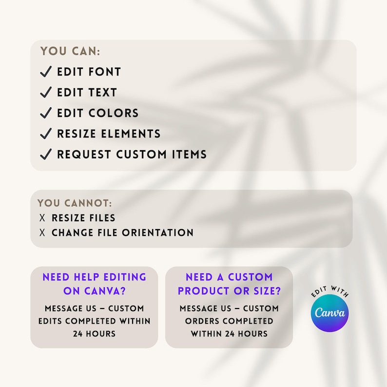 May include: A digital graphic with text listing editing options: edit font, text, colors, resize elements, and request custom items. It also lists what you cannot do: resize files and change file orientation. Includes a Canva logo and contact information.