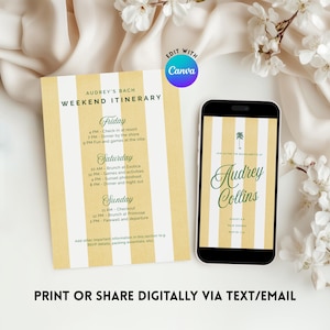 May include: A bachelorette weekend itinerary on a yellow and white striped card and a smartphone. The card lists the schedule for Friday, Saturday, and Sunday. The smartphone displays the name "Audrey Collins" with a palm tree graphic.