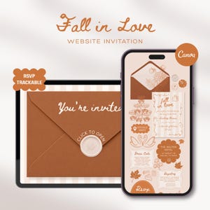 May include: A digital website invitation template titled Fall in Love displayed on a tablet and smartphone. The design features a burnt orange envelope with a wax seal, autumn-themed line art, and text including You're invited and RSVP.