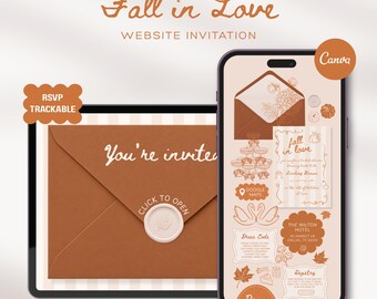 Fall in Love Bridal Shower Website Invitation with Trackable RSVP, Pumpkins Autumn Leaves Animated Interactive Canva Template Digital