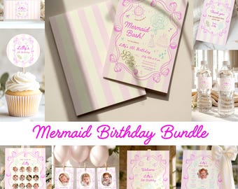 Mermaid Birthday Bundle, Doodle Mermaid Bundle, Pink Mermaid Under the Sea Invite, Mermaid Theme Birthday, Digital Editable Canva Template