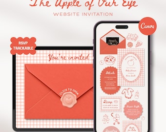 Modèle de site web pour une baby shower « La prunelle de nos yeux » avec RSVP et compte à rebours : Invitation animée modifiable à carreaux vichy, modèle Canva numérique