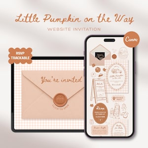 May include: A digital website invitation template titled Little Pumpkin on the Way, featuring a tablet displaying a peach-colored envelope with a pumpkin wax seal and a smartphone showing baby shower details, icons, and RSVP information in a soft palette.