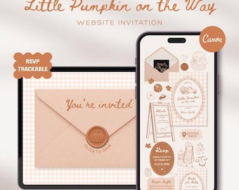 Little Pumpkin Baby Shower Website Template RSVP & Countdown: Orange Fall Gingham Editable Interactive Animated Invitation Canva Digital