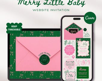 Christmas Baby Shower Website Template with RSVP Tracking: Merry Little Baby Winter Editable Interactive Animated Invitation Canva Digital