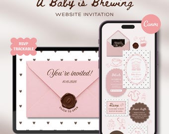 Cafe Bebe Pink Baby Shower Website Template with RSVP & Countdown: Baby is Brewing Pink Girl Editable Animated Invitation, Canva Template