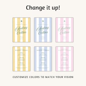 May include: A collection of six invitation cards with vertical stripes in yellow, blue, and pink. Each card features the name "Audrey Collins" in elegant script and a palm tree illustration. The bottom cards display weekend itinerary details.