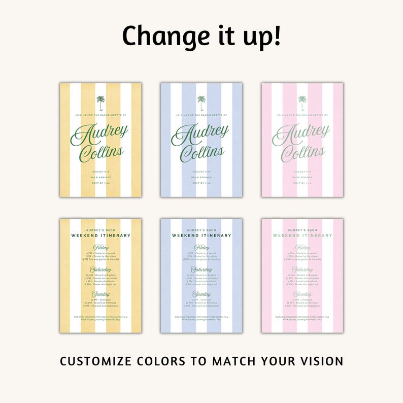 May include: A collection of six invitation cards with vertical stripes in yellow, blue, and pink. Each card features the name "Audrey Collins" in elegant script and a palm tree illustration. The bottom cards display weekend itinerary details.