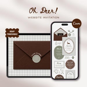 Modelo de site para chá de bebê "Oh Deer" com RSVP: Um pequeno caçador está a caminho - Convite interativo animado e editável em tons de marrom - Canva Digital