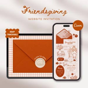 May include: A digital Friendsgiving website invitation template displayed on a tablet and smartphone. The tablet shows a burnt orange envelope with a wax seal and the text CLICK TO OPEN. The smartphone displays a themed invitation with illustrations.