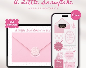 Pink Winter Baby Shower Website Template with RSVP Tracking: Little Snowflake Girl Editable Interactive Animated Digital Canva Invitation