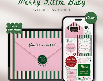 Christmas Baby Shower Website Template & RSVP Tracking: Pink Merry Little Baby Winter Editable Interactive Animated Invitation Canva Digital