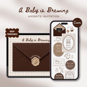 Può includere: Un set di inviti digitali per baby shower intitolato A Baby is Brewing, con una busta marrone con sigillo di ceralacca su un tablet e uno smartphone che mostra carte abbinate, icone di caffè, un body per neonati e un passeggino su sfondo a quadri.