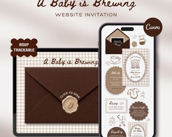 Cafe Bebe Baby Shower Website Template with RSVP & Countdown: Baby is Brewing Gingham Editable Interactive Animated Invitation Canva Digital