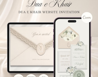 Dua e Khair Website Invitation, Ivory Beige Floral Baat Paki Engagement Invitation, Instant Download, Editable Canva Template